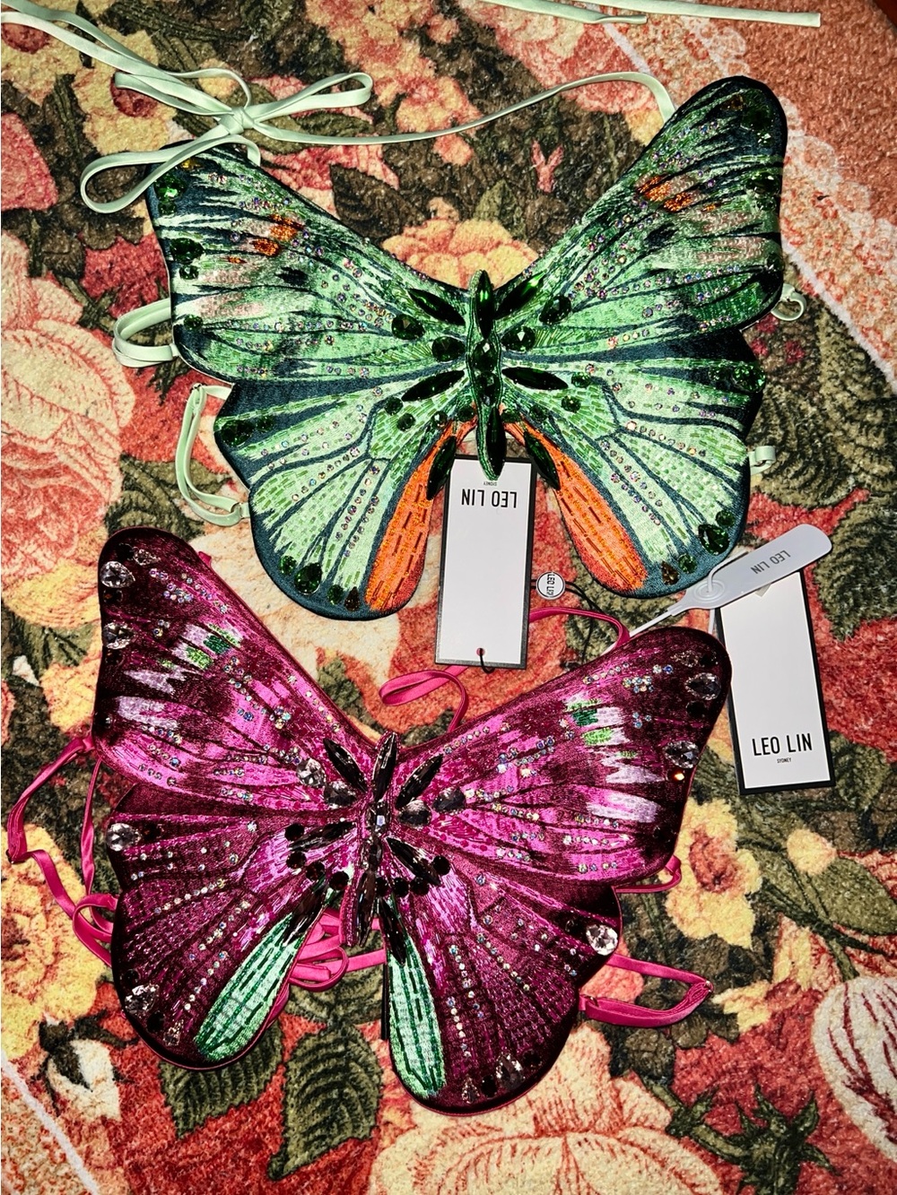 LEO LIN Aurora Fuschia Hand Embellished Embroidered Papillon Butterfly Top NWT